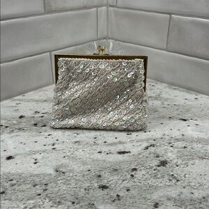 Elegant Vintage Sequin Clutch in Cream with hidden chain handle